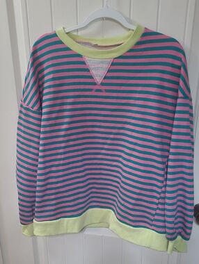 Pink and Teal XL Striped Crewneck Sweatshirt with Lime Trim Boutique Sweatshirt